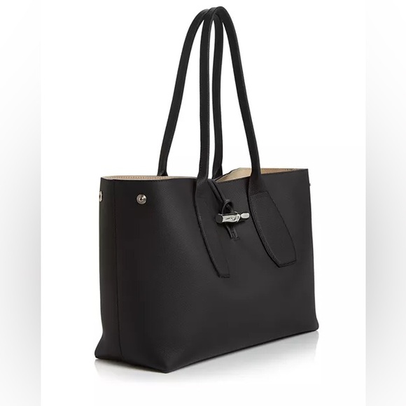 Longchamp Roseau Medium Leather Tote in Black/Silver - Picture 1 of 12